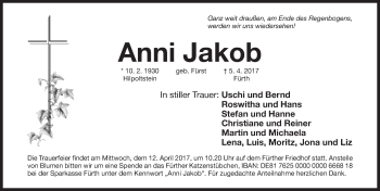 Traueranzeige von Anni Jakob von Fürther Nachrichten Lokal