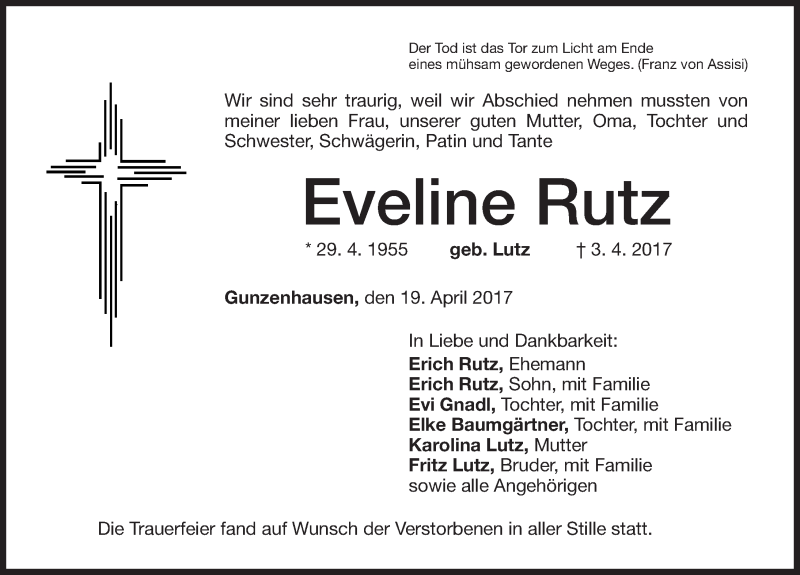  Traueranzeige für Eveline Rutz vom 22.04.2017 aus Altmühl-Bote Lokal