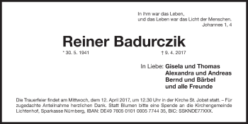 Traueranzeige von Reiner Badurczik von Gesamtausgabe Nürnberger Nachrichten/ Nürnberger Ztg.