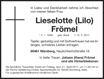 Traueranzeige von Lieselotte Frömel von Gesamtausgabe Nürnberger Nachrichten/ Nürnberger Ztg.