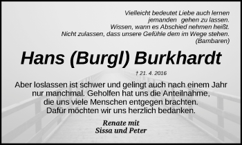 Traueranzeige von Hans Burkhardt von Gesamtausgabe Nürnberger Nachrichten/ Nürnberger Ztg.
