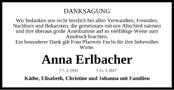 Traueranzeige von Anna Erlbacher von Gesamtausgabe Nürnberger Nachrichten/ Nürnberger Ztg.