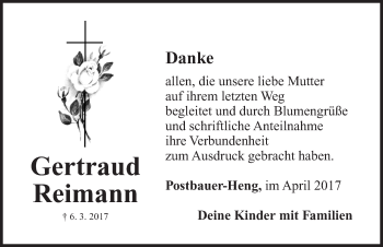 Traueranzeige von Gertraud Reimann von Neumarkter Nachrichten Lokal