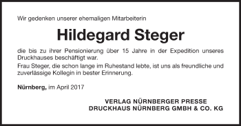 Traueranzeige von Hildegard Steger von Gesamtausgabe Nürnberger Nachrichten/ Nürnberger Ztg.
