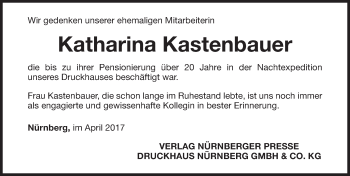 Traueranzeige von Katharina Kastenbauer von Gesamtausgabe Nürnberger Nachrichten/ Nürnberger Ztg.