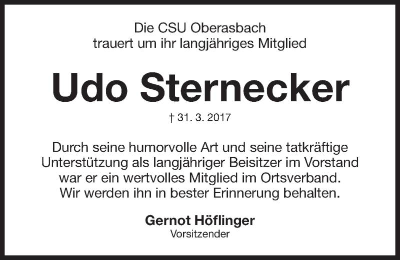  Traueranzeige für Udo Sternecker vom 05.04.2017 aus Fürther Nachrichten Lokal