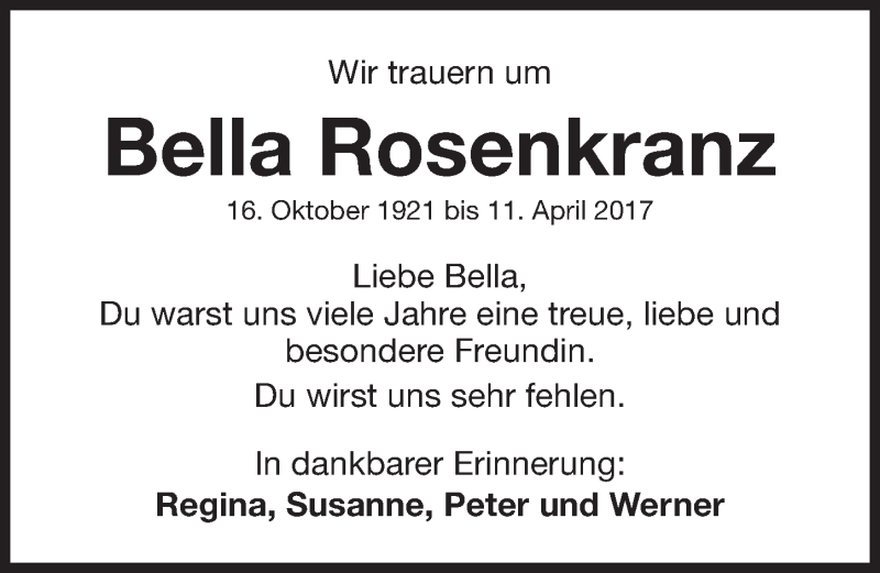  Traueranzeige für Bella Rosenkranz vom 19.04.2017 aus Fürther Nachrichten Lokal