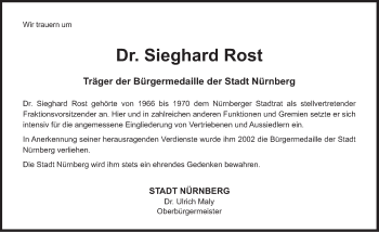 Traueranzeige von Sieghard Rost von Gesamtausgabe Nürnberger Nachrichten/ Nürnberger Ztg.