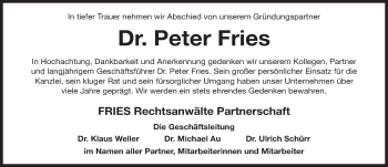 Traueranzeige von Peter Fries von Gesamtausgabe Nürnberger Nachrichten/ Nürnberger Ztg.