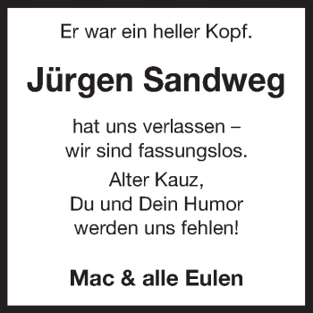 Traueranzeige von Jürgen Sandweg von Erlanger Nachrichten Lokal