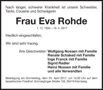 Traueranzeige von Eva Rohde von Gesamtausgabe Nürnberger Nachrichten/ Nürnberger Ztg.