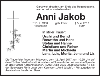 Traueranzeige von Anni Jakob von Gesamtausgabe Nürnberger Nachrichten/ Nürnberger Ztg.