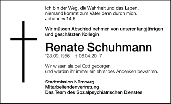 Traueranzeige von Renate Schuhmann von Gesamtausgabe Nürnberger Nachrichten/ Nürnberger Ztg.