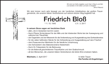Traueranzeige von Friedrich Bloß von Altmühl-Bote Lokal