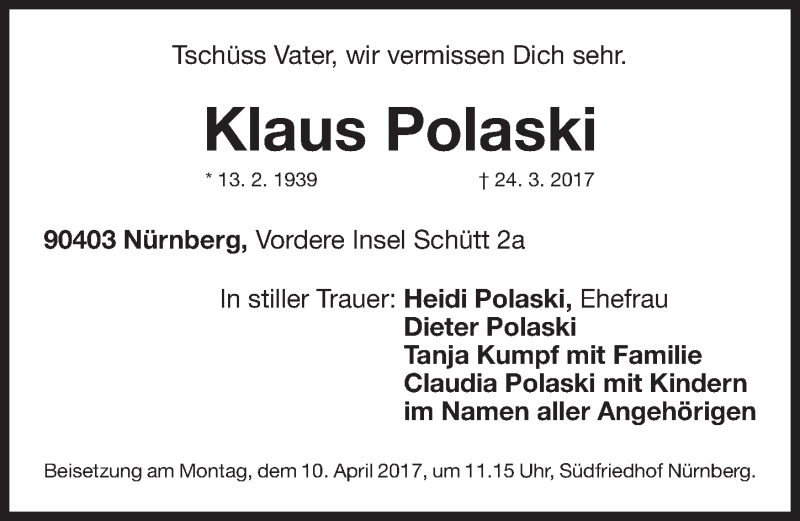  Traueranzeige für Klaus Polaski vom 05.04.2017 aus Gesamtausgabe Nürnberger Nachrichten/ Nürnberger Ztg.