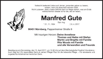 Traueranzeige von Manfred Gute von Gesamtausgabe Nürnberger Nachrichten/ Nürnberger Ztg.