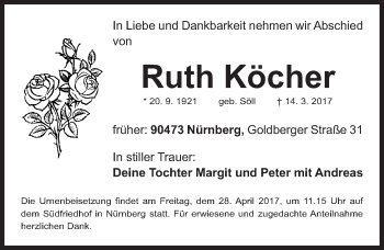 Traueranzeige von Ruth Köcher von Gesamtausgabe Nürnberger Nachrichten/ Nürnberger Ztg.