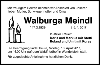 Traueranzeige von Walburga Meindl von Schwabach