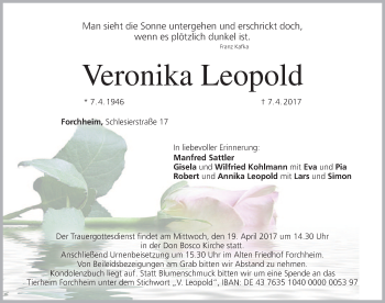 Traueranzeige von Veronika Leopold von Nordbayerische Nachrichten Forchheim Lokal