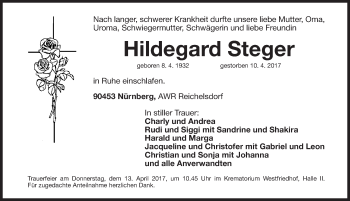 Traueranzeige von Hildegard Steger von Gesamtausgabe Nürnberger Nachrichten/ Nürnberger Ztg.