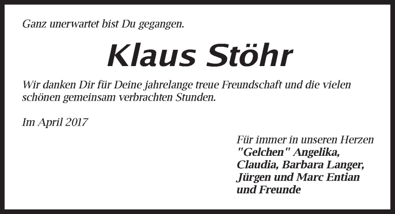  Traueranzeige für Klaus Stöhr vom 12.04.2017 aus Erlanger Nachrichten Lokal