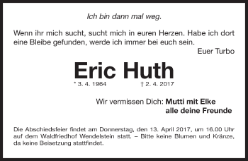 Traueranzeige von Eric Huth von Gesamtausgabe Nürnberger Nachrichten/ Nürnberger Ztg.