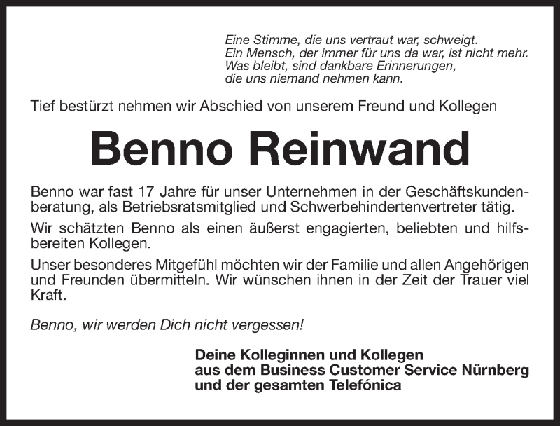 Traueranzeige für Benno Reinwand vom 05.04.2017 aus Gesamtausgabe Nürnberger Nachrichten/ Nürnberger Ztg.