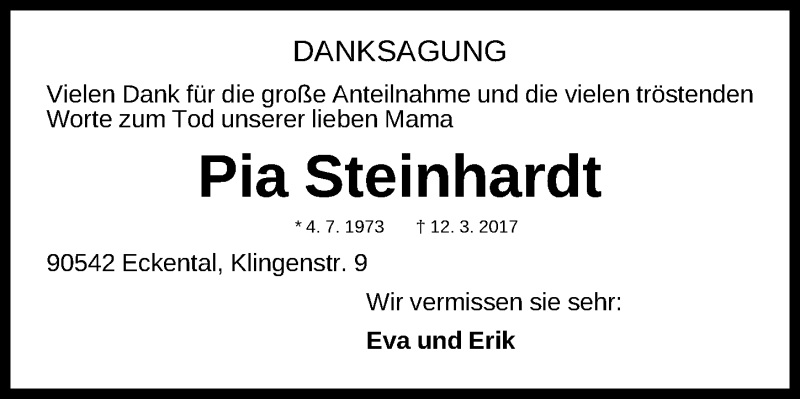  Traueranzeige für Pia Steinhardt vom 08.04.2017 aus Gesamtausgabe Nürnberger Nachrichten/ Nürnberger Ztg.