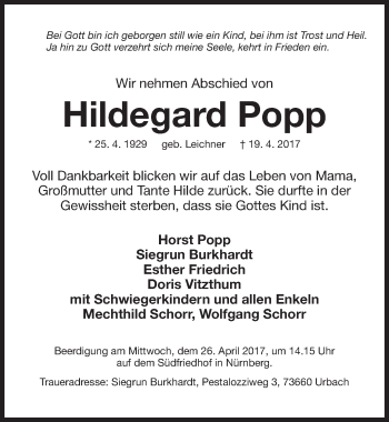 Traueranzeige von Hildegard Popp von Gesamtausgabe Nürnberger Nachrichten/ Nürnberger Ztg.