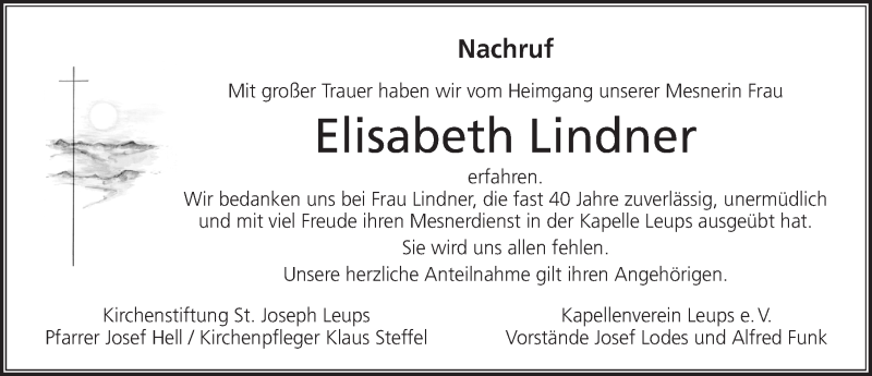  Traueranzeige für Elisabeth Lindner vom 06.04.2017 aus Nordbayerische Nachrichten Pegnitz Lokal