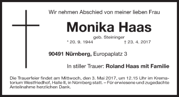 Traueranzeige von Monika Haas von Gesamtausgabe Nürnberger Nachrichten/ Nürnberger Ztg.