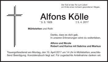 Traueranzeige von Alfons Kölle von Altmühl-Bote Lokal