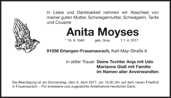 Traueranzeige von Anita Moyses von Erlanger Nachrichten/ Nordbayer. Nachrichten Herzogenaurach