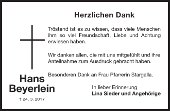 Traueranzeige von Hans Beyerlein von Gesamtausgabe Nürnberger Nachrichten/ Nürnberger Ztg.