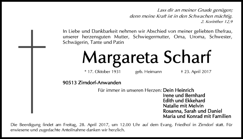  Traueranzeige für Margareta Scharf vom 25.04.2017 aus Gesamtausgabe Nürnberger Nachrichten/ Nürnberger Ztg.