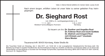 Traueranzeige von Sieghard Rost von Gesamtausgabe Nürnberger Nachrichten/ Nürnberger Ztg.