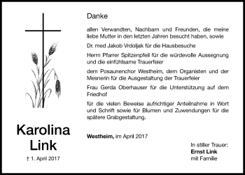Traueranzeige von Karolina Link von Altmühl-Bote Lokal