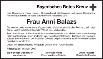 Traueranzeige von Anni Balazs von Roth-Hilpoltsteiner Volkszeitung Lokal