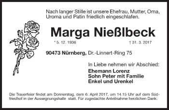 Traueranzeige von Marga Nießlbeck von Gesamtausgabe Nürnberger Nachrichten/ Nürnberger Ztg.