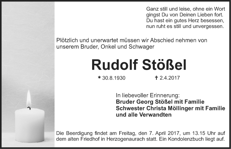  Traueranzeige für Rudolf Stößel vom 04.04.2017 aus Nordbayerische Nachrichten Herzogenaurach Lokal