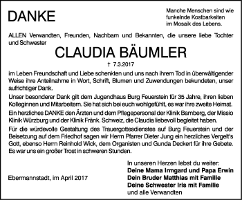 Traueranzeige von Claudia Bäumler von Nordbayerische Nachrichten Forchheim Lokal