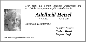 Traueranzeige von Adelheid Hetzel von Gesamtausgabe Nürnberger Nachrichten/ Nürnberger Ztg.