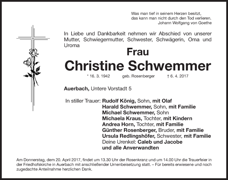  Traueranzeige für Christine Schwemmer vom 15.04.2017 aus Nordbayerische Nachrichten Pegnitz Lokal