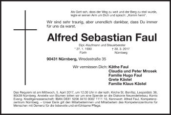 Traueranzeige von Alfred Sebastian Faul  von Gesamtausgabe Nürnberger Nachrichten/ Nürnberger Ztg.