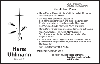 Traueranzeige von Hans Uhlmann von Altmühl-Bote Lokal