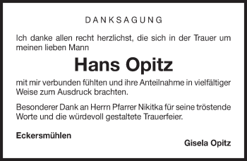 Traueranzeige von Hans Opitz von Roth-Hilpoltsteiner Volkszeitung Lokal