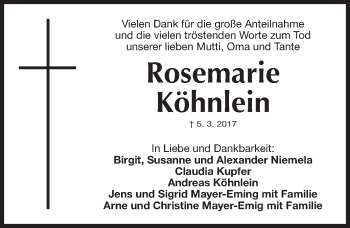 Traueranzeige von Rosemarie Köhnlein von Gesamtausgabe Nürnberger Nachrichten/ Nürnberger Ztg.