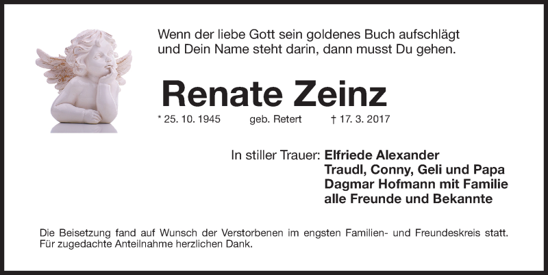  Traueranzeige für Renate Zeinz vom 15.04.2017 aus G,HDB