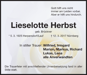 Traueranzeige von Lieselotte Herbst von Gesamtausgabe Nürnberger Nachrichten/ Nürnberger Ztg.