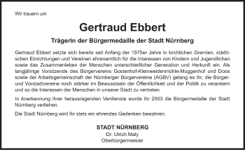 Traueranzeige von Gertraud Ebbert von Gesamtausgabe Nürnberger Nachrichten/ Nürnberger Ztg.